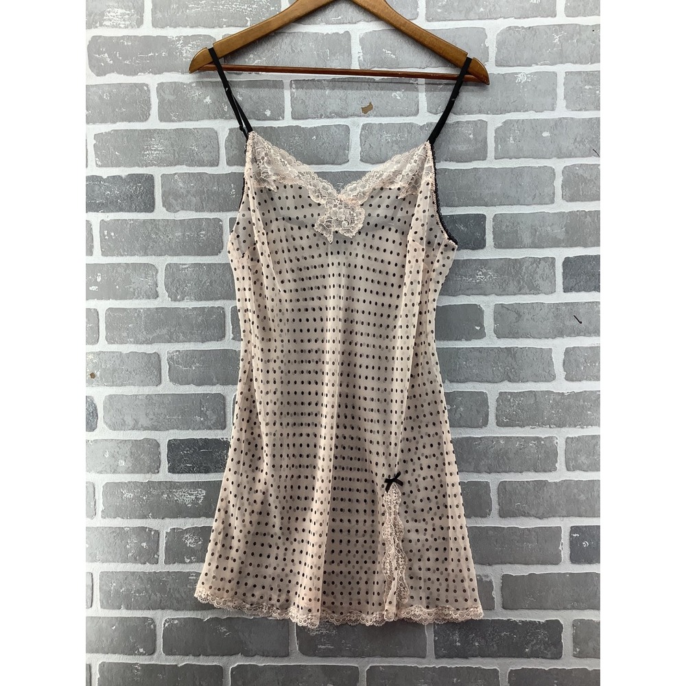 Victoria's Secret Pink Black Polka Dot Lace Trim Sheer Slip Dress Large